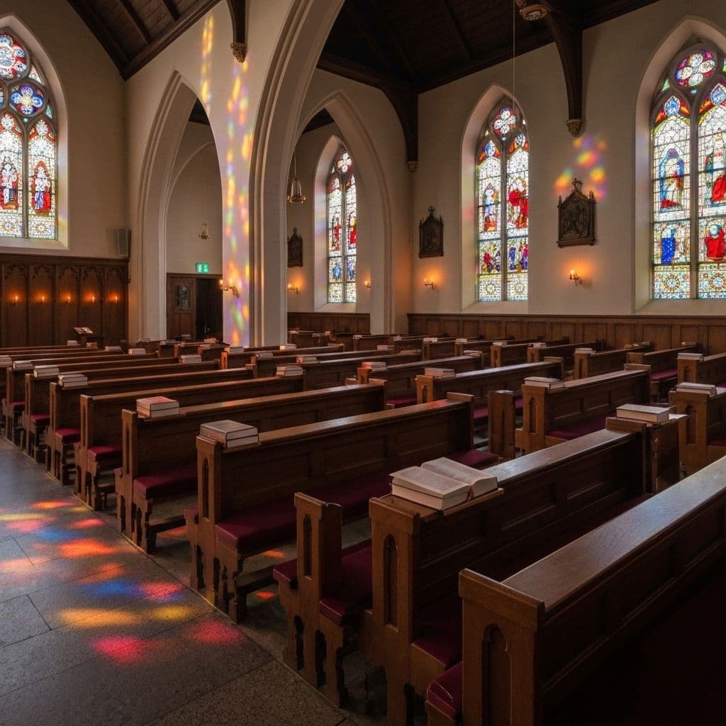 Interior de igreja com velas e livros de oração